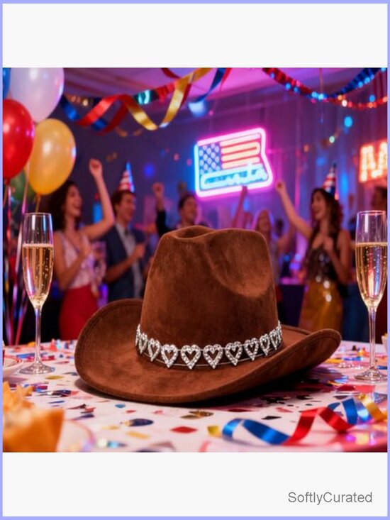 Felt Cowboy Hat Rhinestone Hearts Wide Brim with Adjustable Lanyard